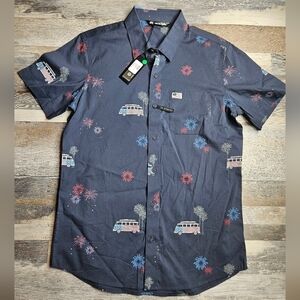 Travis Mathew NEW Men's Button Up Shirt What Goes Up VW Volkswagen Navy Blue